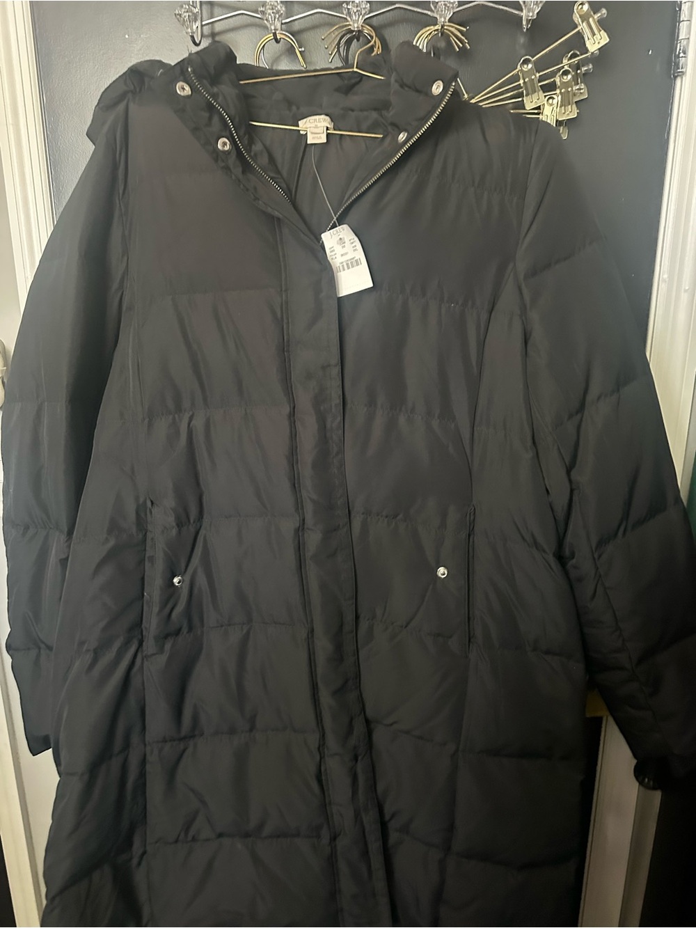 J. Crew Black Long Quilted Puffer Coat with Hood
